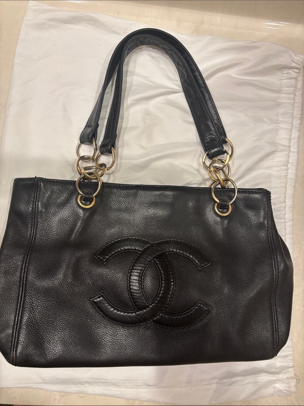 CHANEL Black Leather Shoulder Tote with Gold Ring Hardware